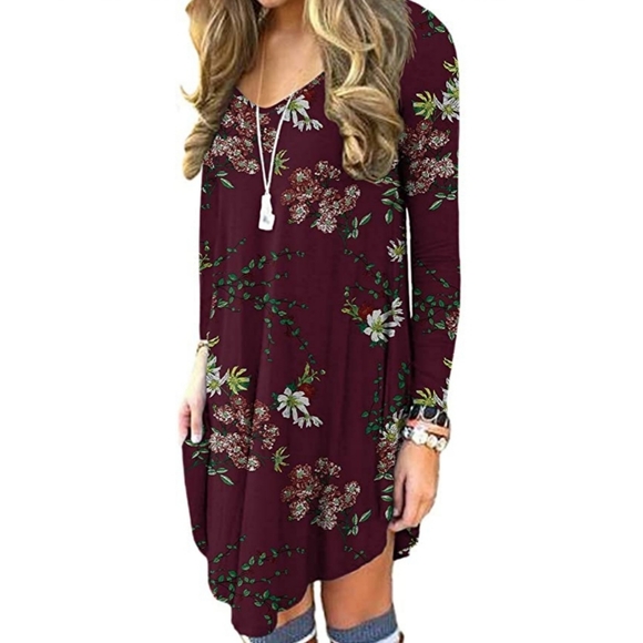 Poseshe Dresses & Skirts - 2X Casual Wine Red Floral T-shirt Dress - NWT